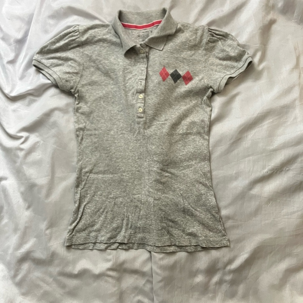 gray/ pink polo shirt